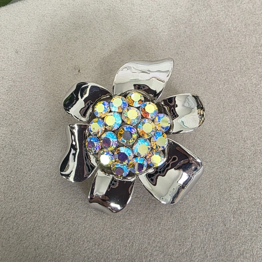 Silver Flower Brooch Pin with AB Crystal Stone Center